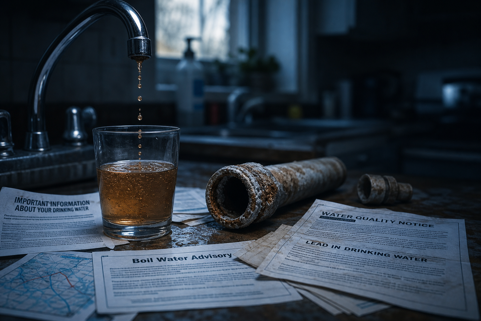 Illustrated public water warning and infrastructure graphic