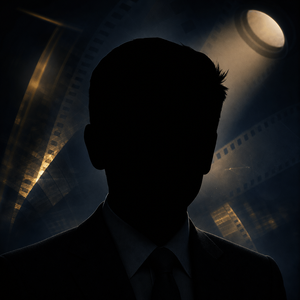 Featureless black silhouette of Alain Delon in a dark French cinema/noir editorial background