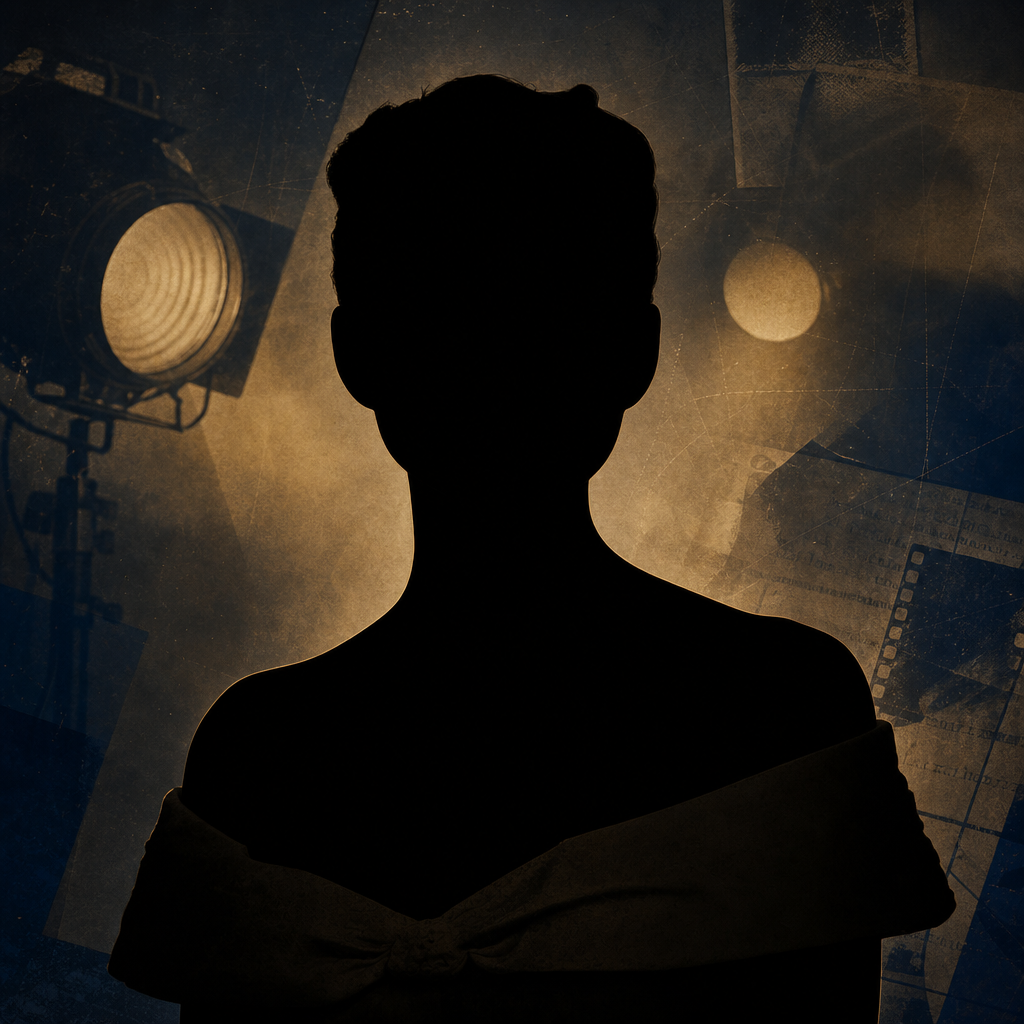 Featureless black silhouette of Audrey Hepburn in a dark classic Hollywood cinema editorial background