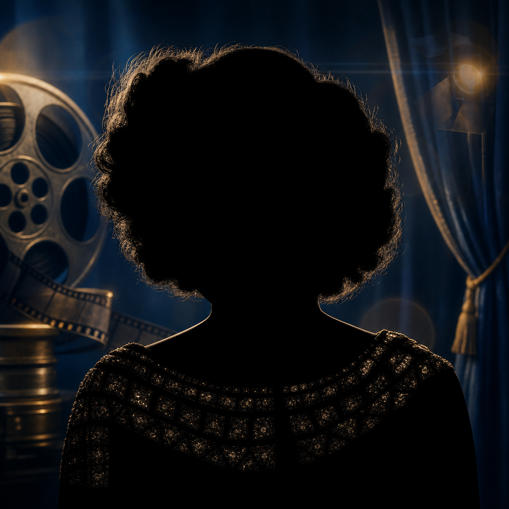 Featureless black silhouette of Greta Garbo in a dark golden-age film studio editorial background