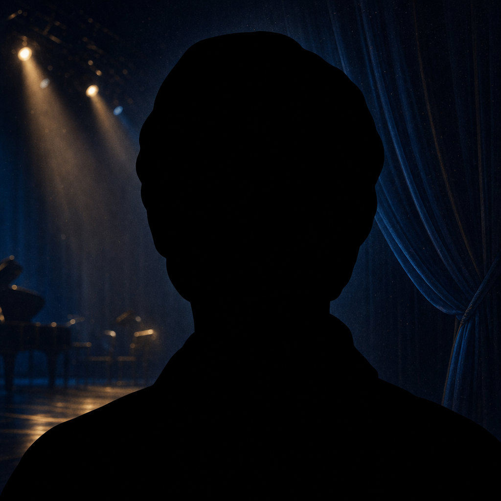 Featureless black silhouette of Julie Andrews in a dark theater and musical stage editorial background
