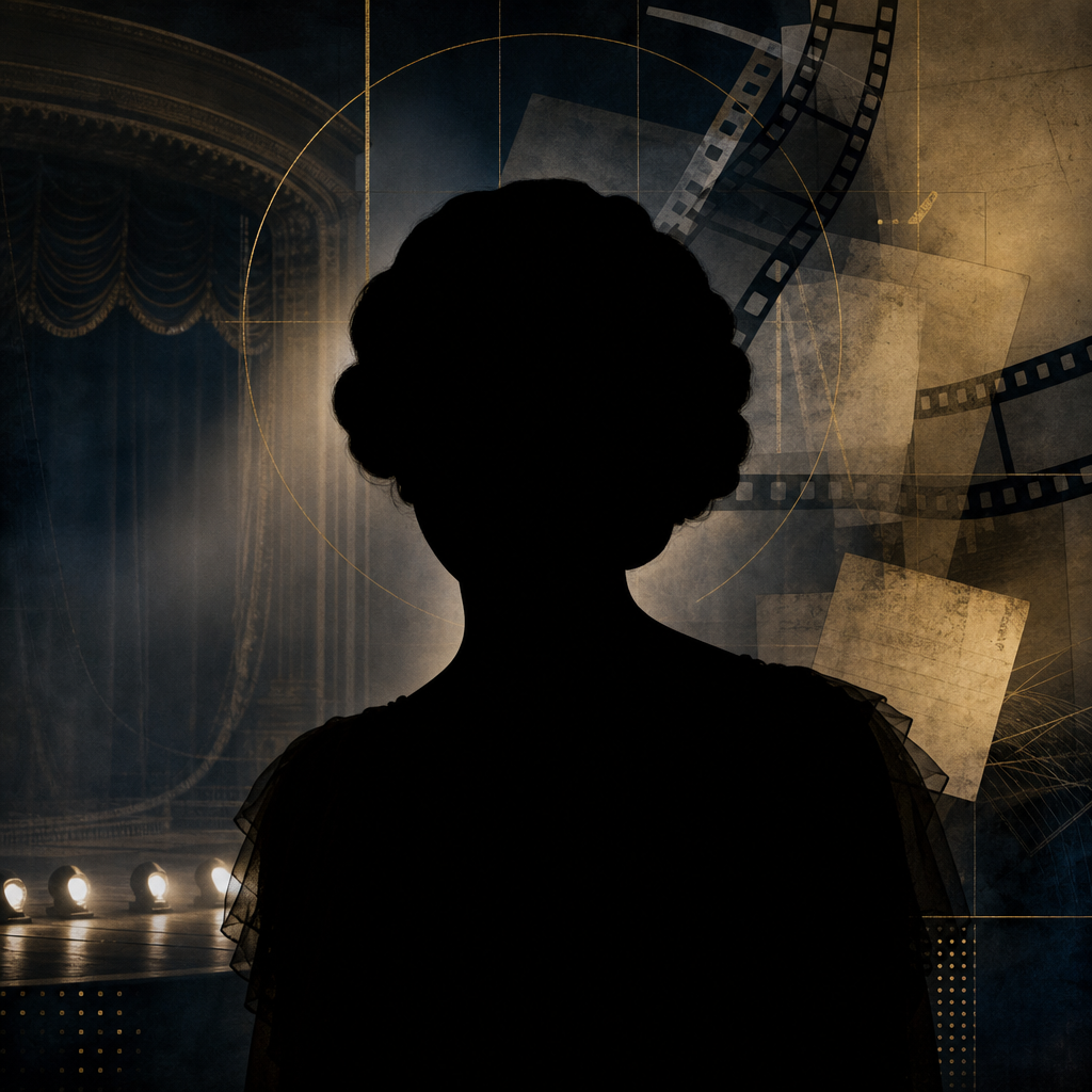 Featureless black silhouette of Lillian Gish in a dark silent-film stage editorial background