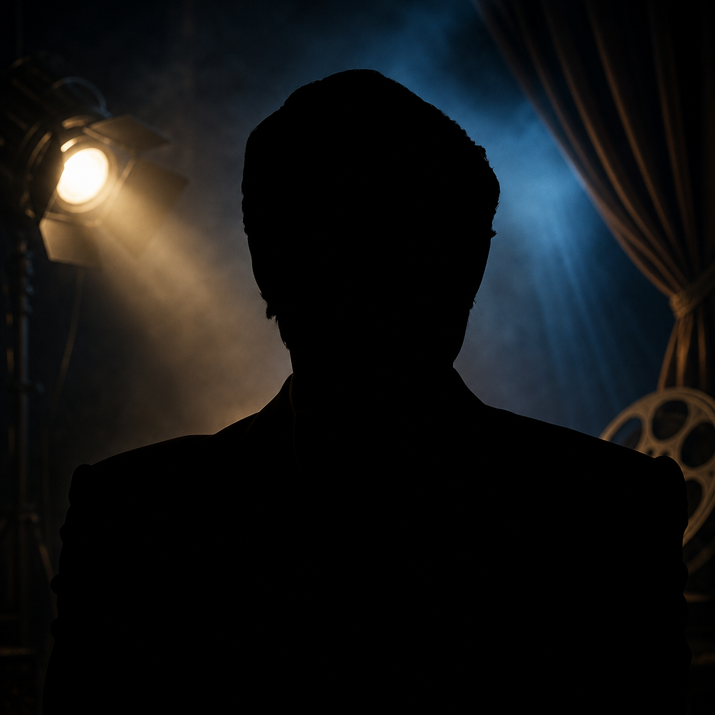 Featureless black silhouette of Marcello Mastroianni in a dark Italian cinema editorial background