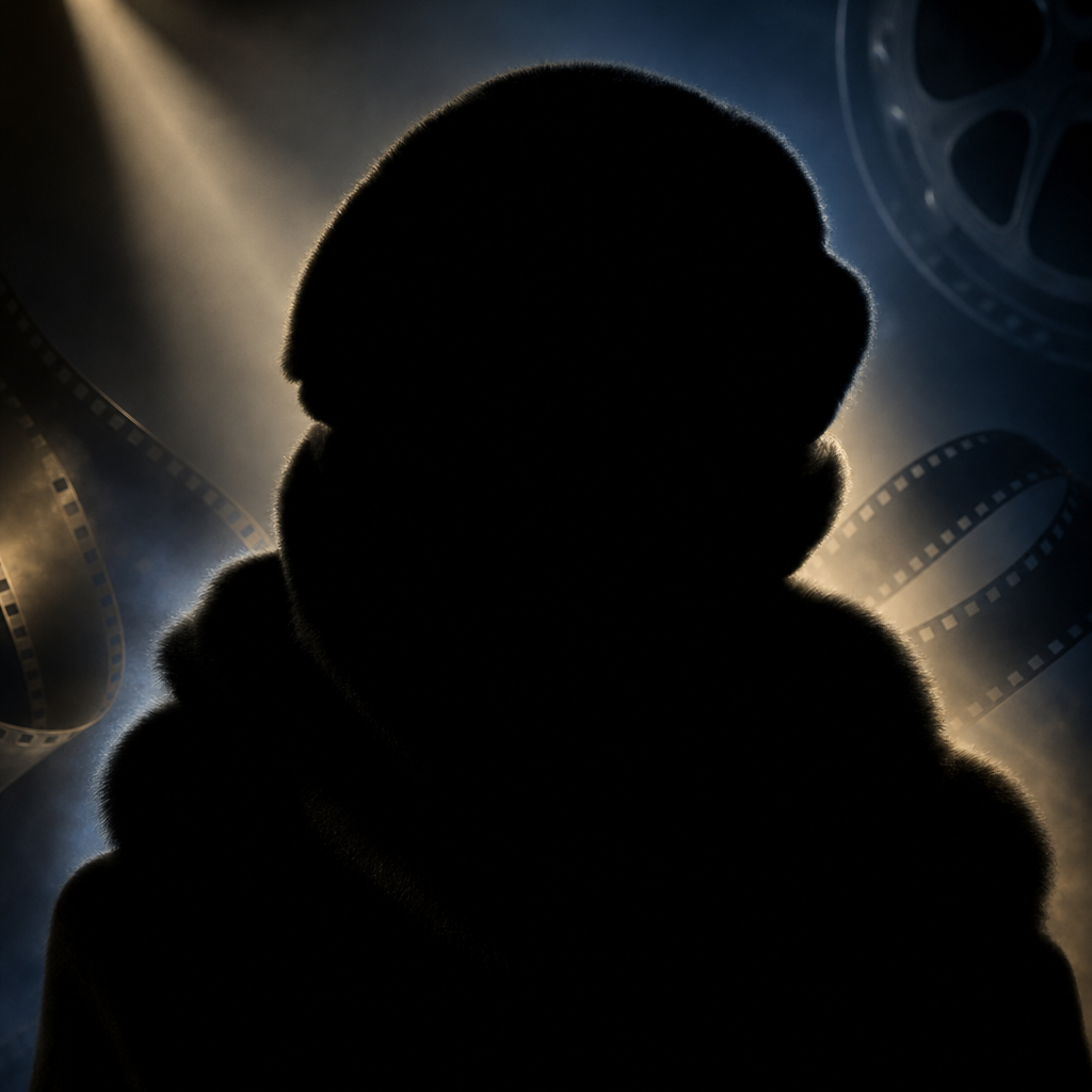 Featureless black silhouette of Marlene Dietrich in a dark classic Hollywood stage editorial background