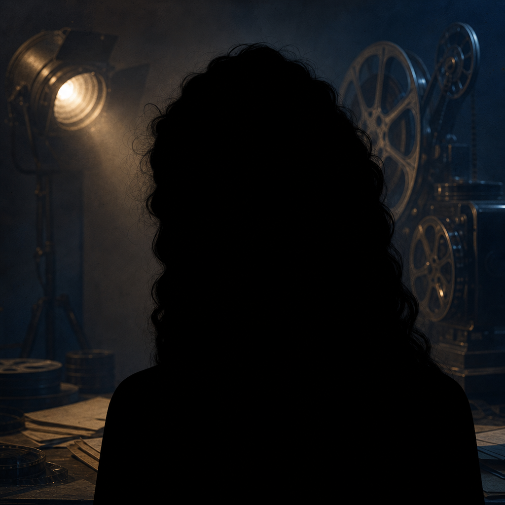 Featureless black silhouette of Mary Pickford in a dark silent-film studio editorial background