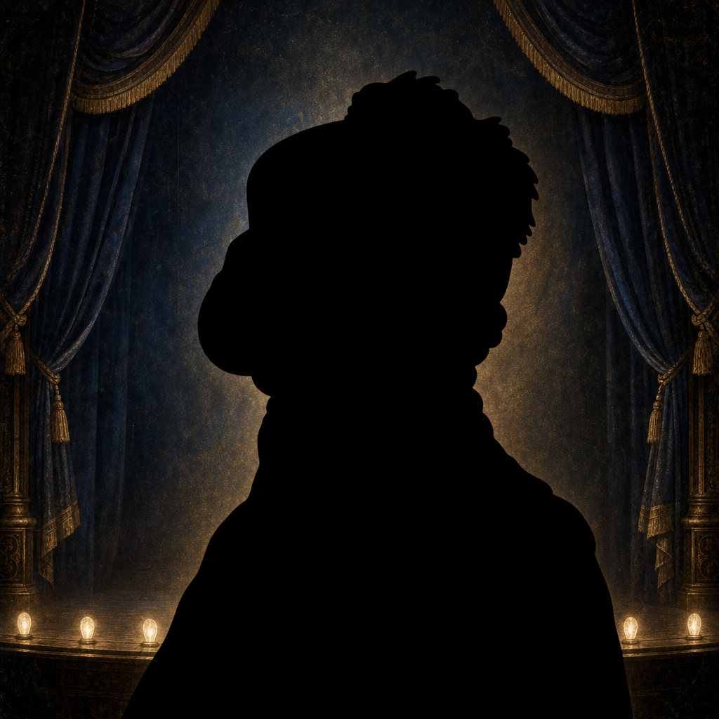 Featureless black silhouette of Sarah Bernhardt in a dark nineteenth-century theater editorial background