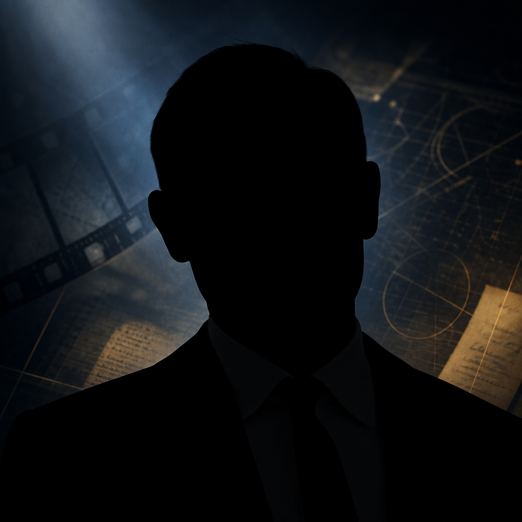 Featureless black silhouette of Sean Connery in a dark cinema/spy-thriller editorial background