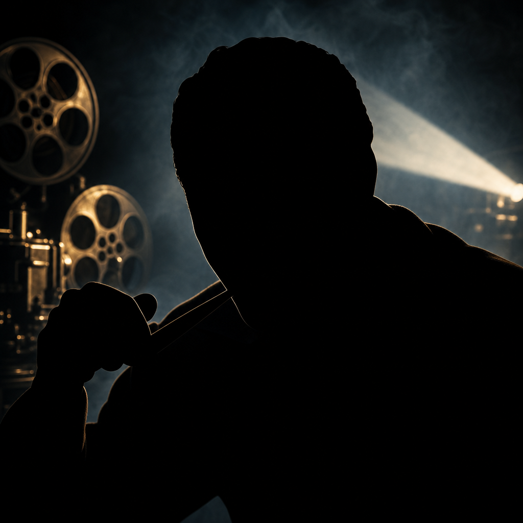 Featureless black silhouette of Toshiro Mifune in a dark classic cinema editorial background